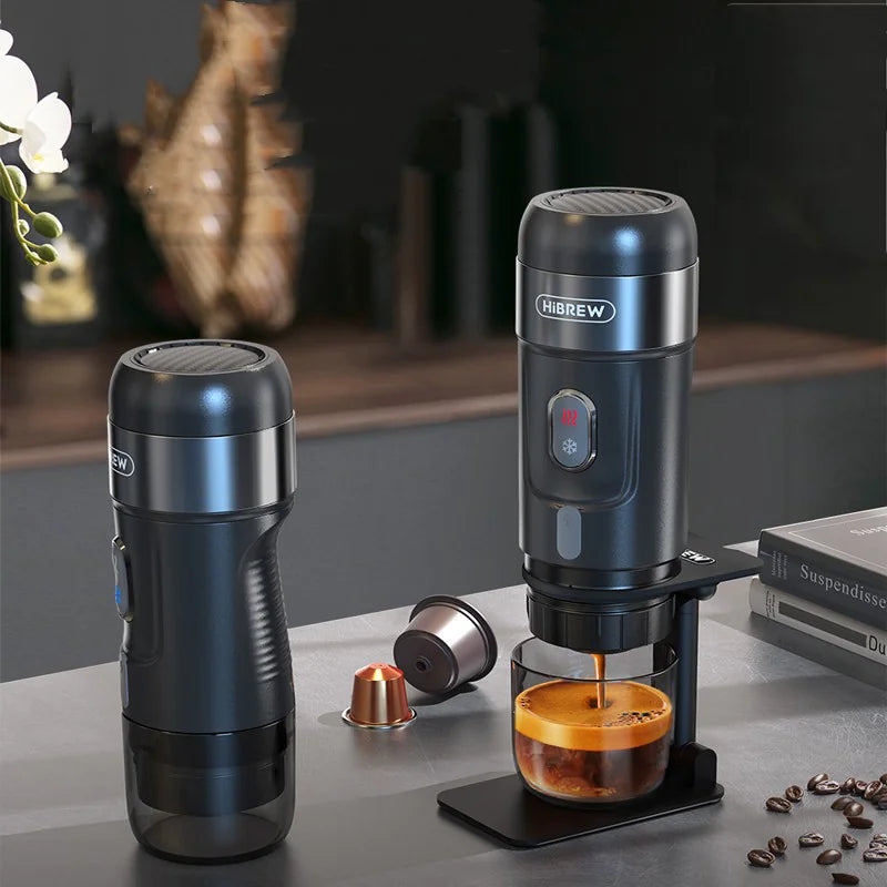 Handy Travel Espresso Maker on a kitchen counter, showcasing the brewing process for barista-quality coffee.
