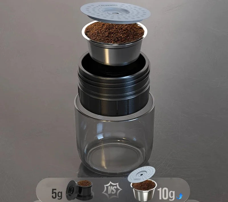 Handy Travel Espresso Maker showing a dual chamber design with coffee grounds preparation.