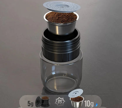 Handy Travel Espresso Maker showing a dual chamber design with coffee grounds preparation.