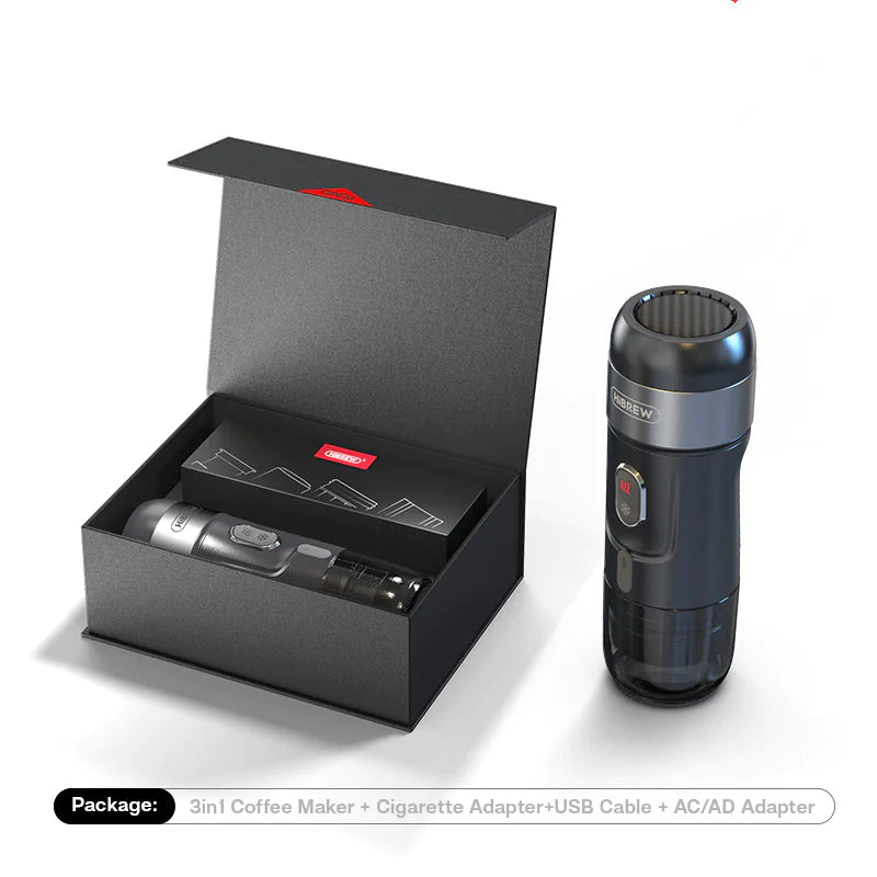 Handy Travel Espresso Maker in black packaging with included accessories for coffee enthusiasts.