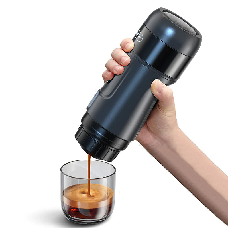 Handy Travel Espresso Maker pouring espresso into a glass, perfect for barista-quality coffee anywhere.